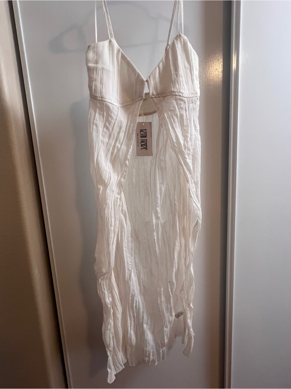 12th Tribe Cream Crinkle Midi Dress with Front Keyhole